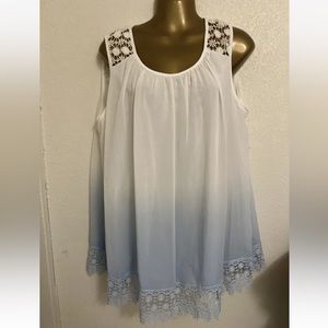 VALERIE STEVENS Sleeveless Blue White  Round neck yoked Lace Blouse Size XXL